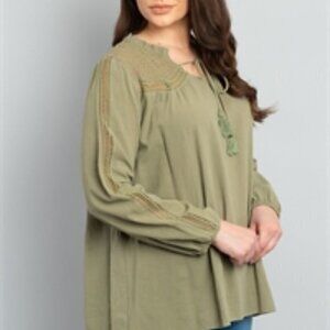 Long Sleeve Top with Lace Trimming Olive Green Size 1X